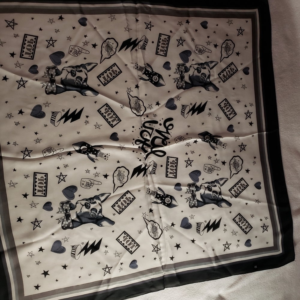 White and black dog 70cm by 70cm satin scarf